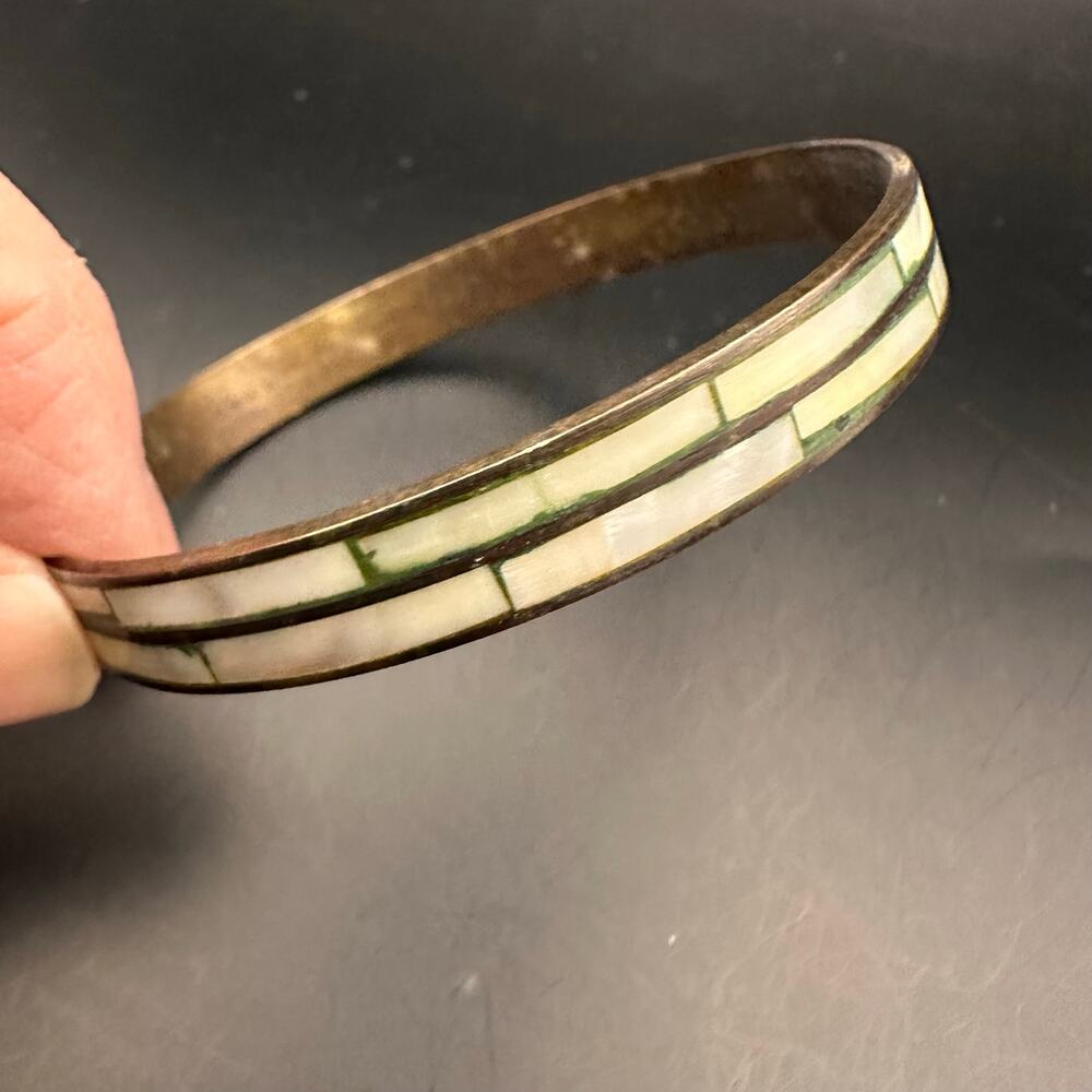 Mother of Pearl Brass Bangle Bracelet Summer MOP Retro Boho Bohemian Jewelry